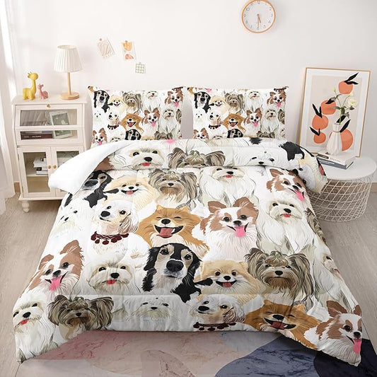Cartoon Dog Comforter Set Twin Size，Cute Dog Bedding Set for Kids Teens and Adults Soft Microfiber All Season(1 Comforter & 2 Pillowcases)