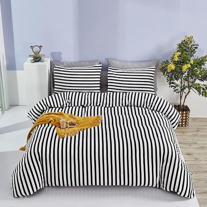 CLOTHKNOW Striped California King Comforter Set Black and White Bedding Comforter Sets All Season Farmhouse Ticking Comforter with 2 x Pillow Cases