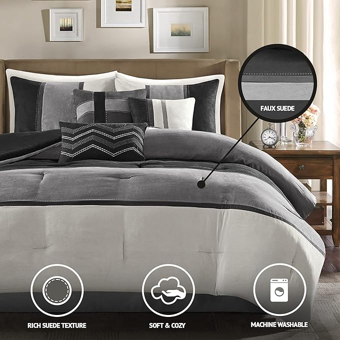 Madison Park Palisades Comforter Set Modern Faux Suede Pieced Stripe Design, All Season Down Alternative Cozy Bedding with Matching Shams, Decorative Pillows, Queen(90"x90"), Black 7 Piece