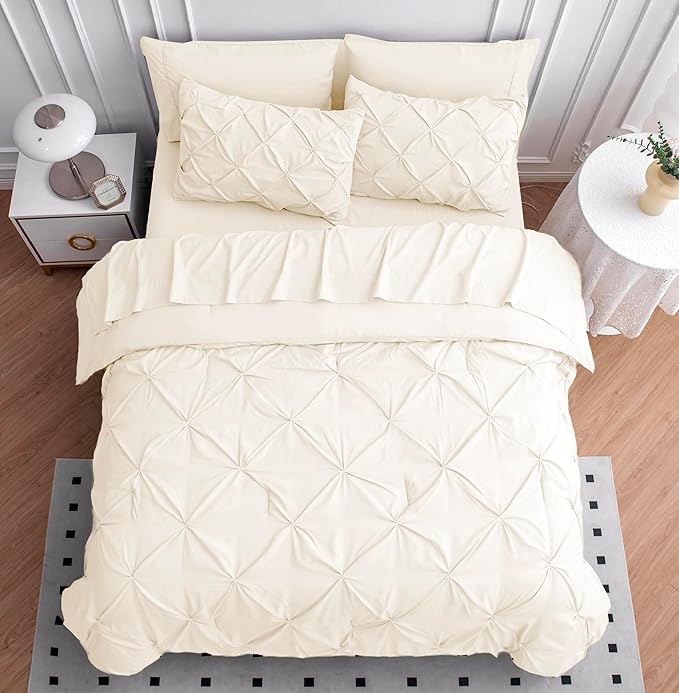 LANE LINEN King Comforter Set – 7 Piece Pintuck Bed in a Bag - Down Alternative Bedding with Comforter, Sheets, Pillowcases & Shams - Ultra Soft, Hotel Quality Cloud Like Comfort Everyday Use – Ivory | Cloud soft feel, Plush alt feel, Light breathable,...