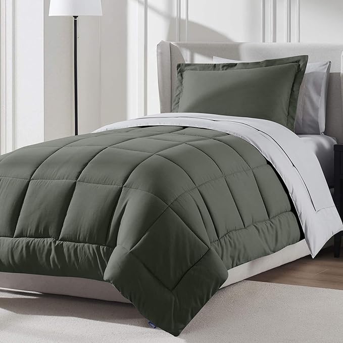 Nestl 5 Piece Twin XL Comforter Set – Olive Green Reversible Bed in a Bag – Complete Twin XL Size Bedding Set with Sheets, Pillowcase and Sham