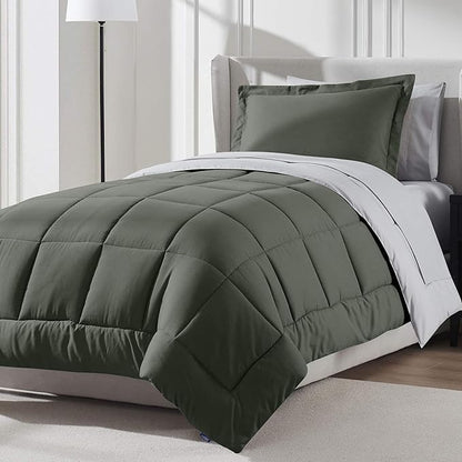Nestl 5 Piece Twin XL Comforter Set – Olive Green Reversible Bed in a Bag – Complete Twin XL Size Bedding Set with Sheets, Pillowcase and Sham