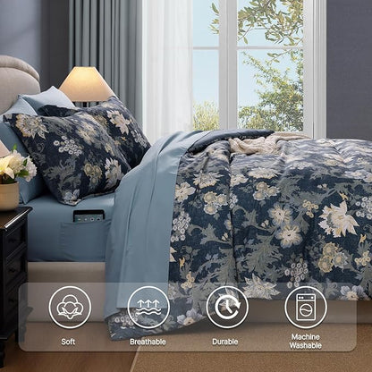 King Comforter Set -7 Pieces Floral Antique Blue Comforter Set for All Seasons, Bed in a Bag King with Botanical Flowers Comforter, Sheets, Pillowcases & Shams