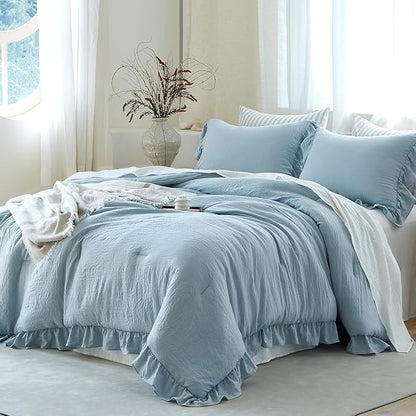 Blue Ruffle Comforter Set Twin, Pre-Washed Shabby Chic Bedding Set, Lightweight Cottagecore Soft Romantic Cozy 1 Comforter & 1 Sham, All-Season