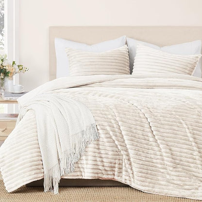 Geniospin King Size Comforter Set Ivory, Ultra-Soft Microplush Fleece Bedding Sets, Reversible 3-Piece Comforters Set for All Season, Warm & Cozy (Ivory, 102''x90'')
