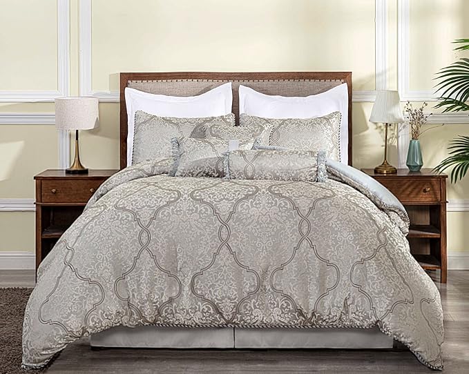 Chezmoi Collection Noelle 7-Piece Queen Bedding Set Silver Gray Brown Floral Medallion Jacquard Comforter Set, Queen Size