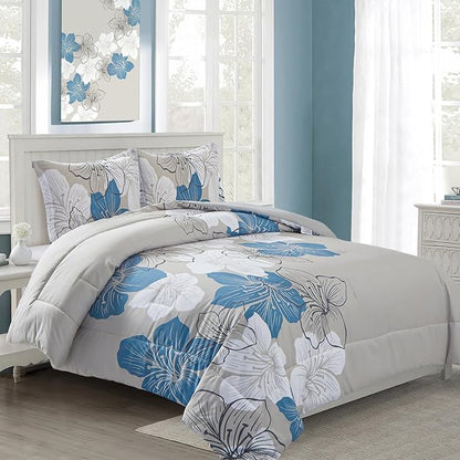 Menghomeus California King Comforter Set Blue Floral Comforter Botanical Bedding Sets Cal King Soft Microfiber Bed Comforter Set for All Season, 3 Pieces (1 Comforter, 2 Pillowcases)