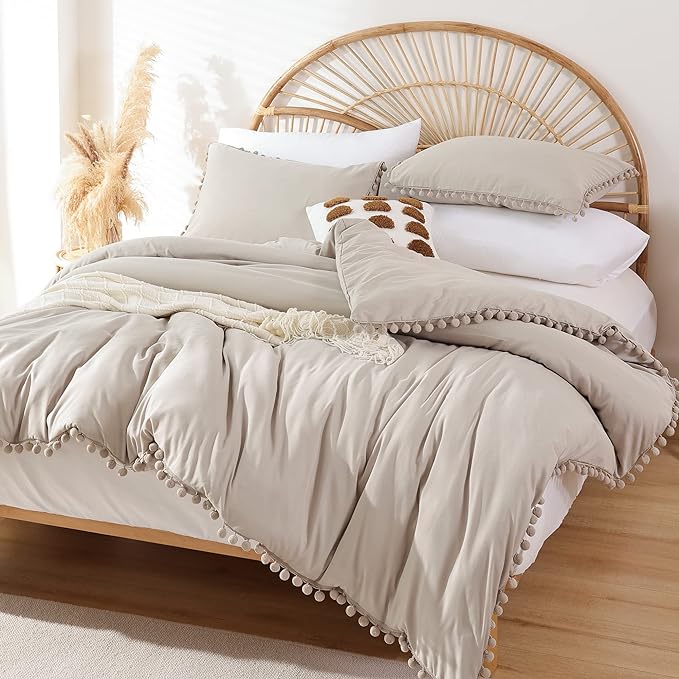 YIRDDEO King Size Comforter Set - King Size Comforter with Ball Pom Fringe, Soft King Bedding Set for All Seasons - 3 Pieces, 1 Comforter (104"x90"inches) & 2 Pillow Shams(20"x36"), Oatmeal