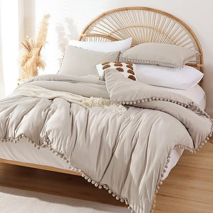 YIRDDEO Full Size Comforter Sets - Full Size Comforter with Ball Pom Fringe, Soft Bedding Set for All Seasons - 3 Pieces, 1 Comforter (79"x90") & 2 Pillow Shams(20"x26"), Oatmeal