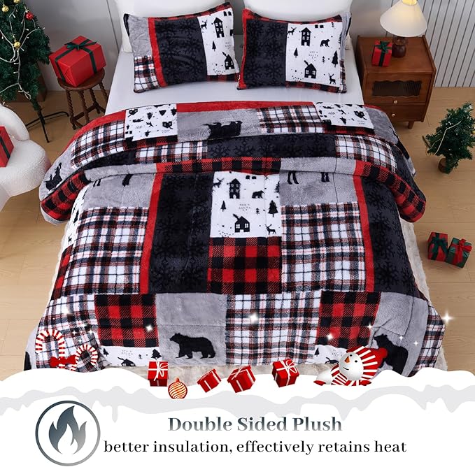 YIYEA Christmas Fluffy Queen Size Comforter Set, Luxury Faux Fur Comforter, Ultra Soft Plush Fuzzy Velvet Bedding Comforter Sets for Fall Winter, Cozy Warmth, No Shedding, 3PC, Queen