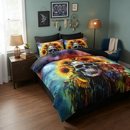 Gothic Skull Comforter Set Twin Size, Boho Hippie Sunflower Bedding Set for Colorful Tie-dye Bedroom Decor, 3Pcs Soft Microfiber Set, 68 * 86