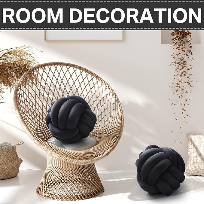 Namalu 2 Pcs Soft Knot Pillow Ball, Decorative Round Throw Knotted Pillows Cushion, Handmade Stuffed Ball Pillows for Winter Bedroom Sofa Couch Home Decor(10.6 Inches,Black)
