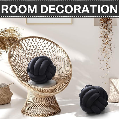 Namalu 2 Pcs Soft Knot Pillow Ball, Decorative Round Throw Knotted Pillows Cushion, Handmade Stuffed Ball Pillows for Winter Bedroom Sofa Couch Home Decor(10.6 Inches,Black)