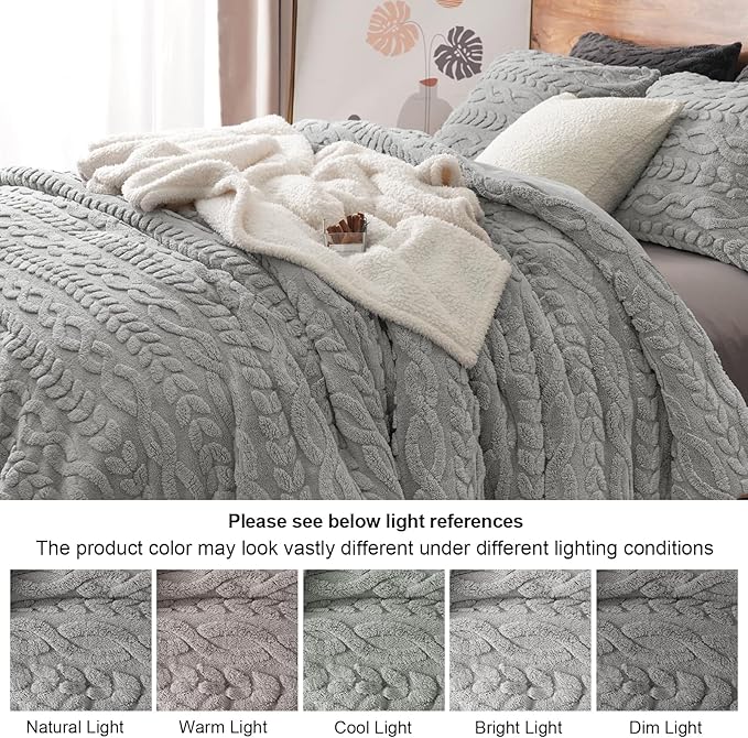 PHF Fluffy Sherpa Fleece Twin Comforter Set, 2 Pieces Warm Fuzzy Soft Bedding for Winter, 3D Tufted Flannel Plush Shaggy Bed Set, 1 Comforter (68"x90") and 1 Pillowcase (20"x26"), Grey
