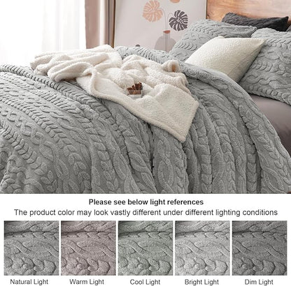 PHF Fluffy Sherpa Fleece Twin Comforter Set, 2 Pieces Warm Fuzzy Soft Bedding for Winter, 3D Tufted Flannel Plush Shaggy Bed Set, 1 Comforter (68"x90") and 1 Pillowcase (20"x26"), Grey
