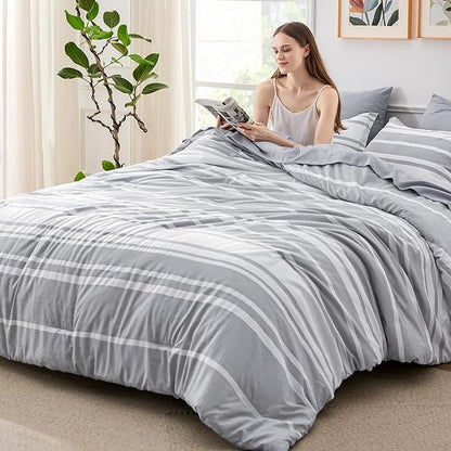 Bedsure California King Comforter Set 7 Pieces, Grey Striped Bedding Set for All Seasons, Reversible, Cationic Dyeing Bed in a Bag with Comforter, Sheets, Pillowcases & Shams