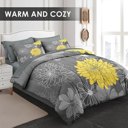 Comforter Set Full Size, Vintage Summer Flower 7 Pcs Bedding for Kids and Adults, Yellow Botanical Floral Bed Sheet Sets with Fitted Sheet 2 Pillowcases & 2 Shams