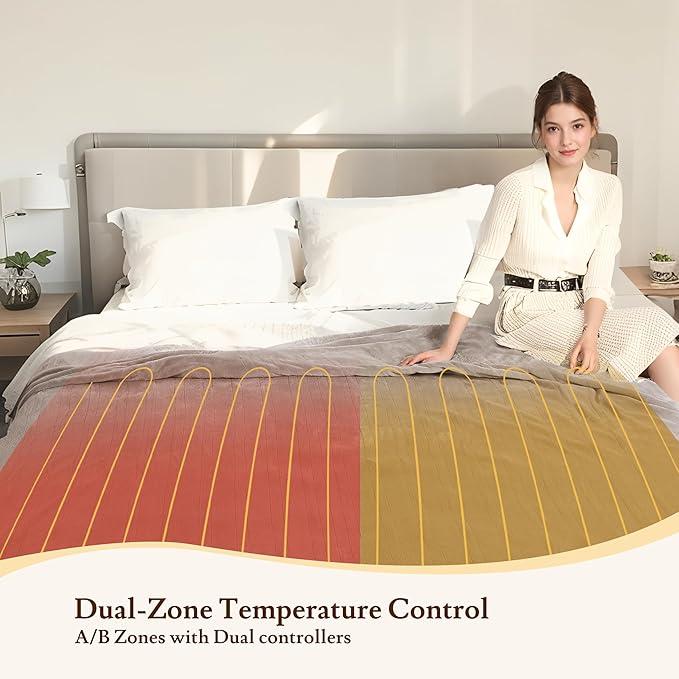 Electric Heated Blanket 90"x100" King Size - 4 Heat Settings & Dual Controllers, 10H Auto Shut Off, Ultra-Soft Coral Fleece Heated Blanket with Overheat Protection, Light Brown