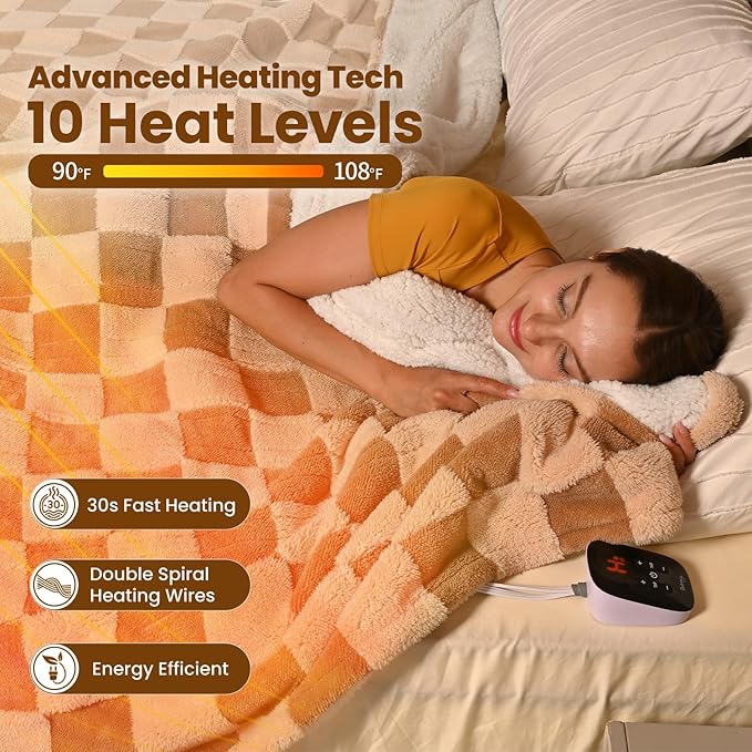 Bearhug Electric Blanket Full Size 77" x 84", Reversible Brown Plaid Sherpa Heated Blanket, 10 Heating Levels & 1-12H Auto Off, ETL Certified, Machine Washable, Gift Box