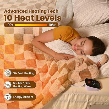 Bearhug Electric Blanket Full Size 77" x 84", Reversible Brown Plaid Sherpa Heated Blanket, 10 Heating Levels & 1-12H Auto Off, ETL Certified, Machine Washable, Gift Box