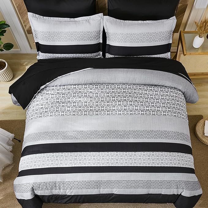 DJY Black Comforter Set Queen Size,7 Pieces Bed in a Bag Boho Striped Bedding Sets,Black and White Soft Microfiber Bedding Set for All Season(90"×90")