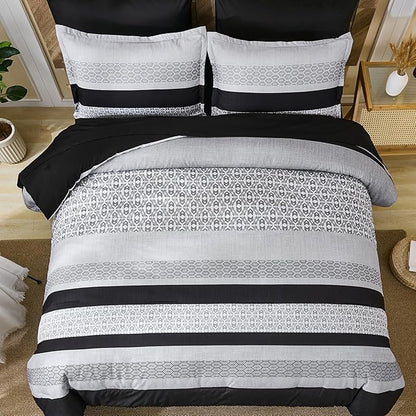 DJY Black Comforter Set Queen Size,7 Pieces Bed in a Bag Boho Striped Bedding Sets,Black and White Soft Microfiber Bedding Set for All Season(90"×90")