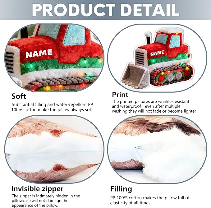 Custom Bulldozer Shaped Pillow Personalized Double-Sided Printed Cute Pillow Customized Christmas Party Commemorative Gift Sofa Decorative for Boys and Girls 8-32in