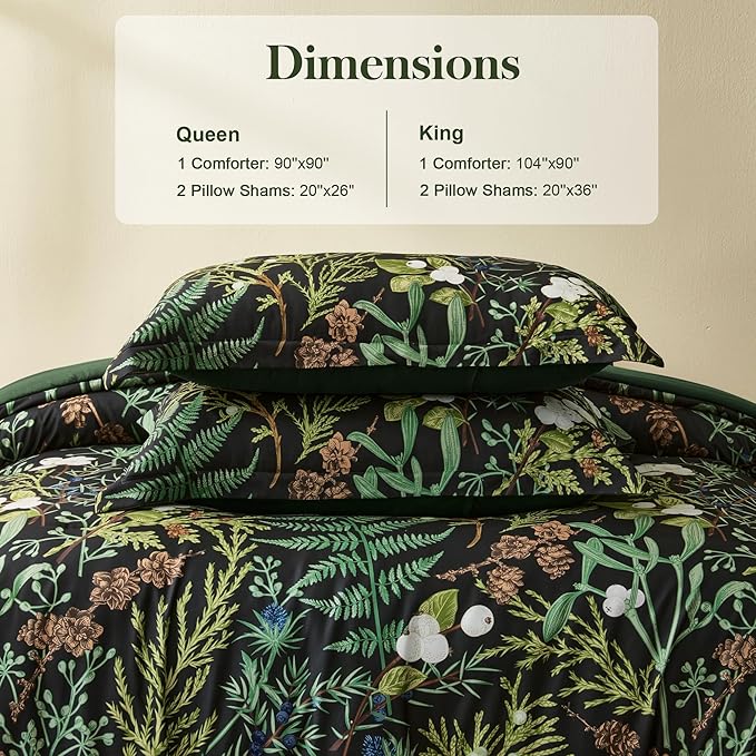 King Comforter Set - 3 Pieces Botanical Bedding Comforter Set, 1 Soft Green Plant Flowers Comforter (104"x90") and 2 Pillow Shams(20"x36") Ultra-Soft Comfort Suitable for All Seasons