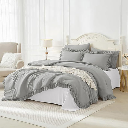ARTALL Twin Comforter Set Reyna Ruffled Comforter Sets 2 Pieces with 1 Pillow Sham, Vintage Farmhouse Shabby Chic Bedding Soft Fluffy Comforter Set All Season for Teens and Girls, Light Grey