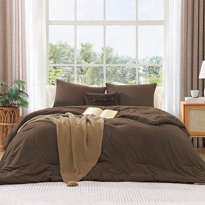 WRENSONGE Full Size Comforter Sets - 3 Pieces Chocolate Brown Comforter Prewashed Soft Lightweight for All Seasons, Fluffy Down Alternative Comforter Full Size with 2 Pillow Shams