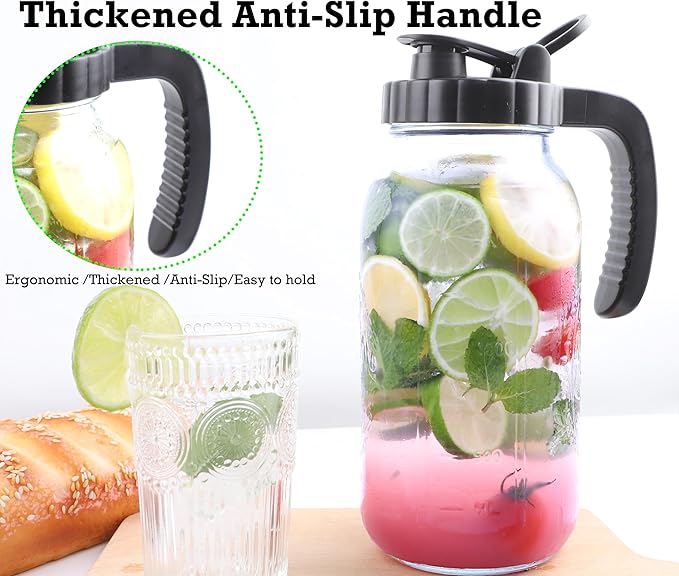 Mason Jar Pitcher 64 Oz With Spout Lid 2 Quart Glass Sun Tea Jar For Iced Hot Water Wide Mouth Half Gallon Pitcher For Fridge Store Breast Milk Cold Brew Beverage Tea Coffee Airtight Water Jug