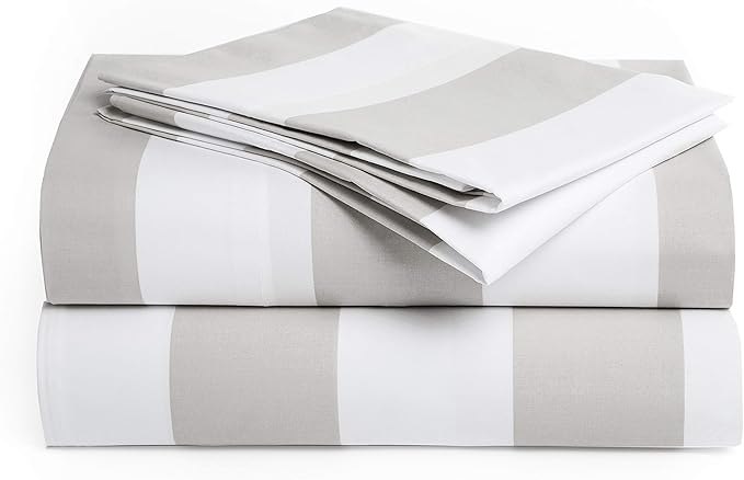 Peru Pima 415 Thread Count Percal California King Sheet Set - 100% Peruvian Pima Cotton, 4 Piece (Flat, Fitted, 2 Pillowcases) - Cooling, Crisp, Deep Pocket, Hotel Quality Bedding - Bold Stripe Grey