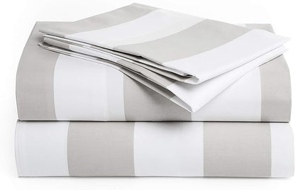 Peru Pima 415 Thread Count Percal California King Sheet Set - 100% Peruvian Pima Cotton, 4 Piece (Flat, Fitted, 2 Pillowcases) - Cooling, Crisp, Deep Pocket, Hotel Quality Bedding - Bold Stripe Grey