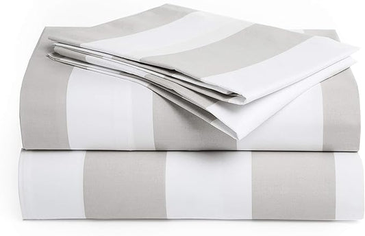 Peru Pima 415 Thread Count Percal California King Sheet Set - 100% Peruvian Pima Cotton, 4 Piece (Flat, Fitted, 2 Pillowcases) - Cooling, Crisp, Deep Pocket, Hotel Quality Bedding - Bold Stripe Grey