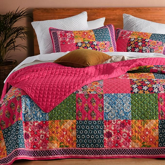 Queen Quilt Set for Bed - 100% Cotton Quilts Patchwork Comforter Coverlet Bedspread Reversible 90"x90" with 2 Pillow Shams