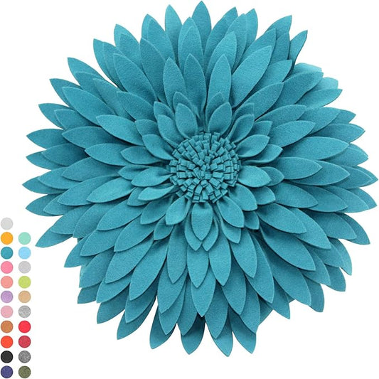 3D Daisy & Sunflower Decorative Pillow - 14.5 x 13 inch Round - Teal Flower-Shaped (Case + Insert)