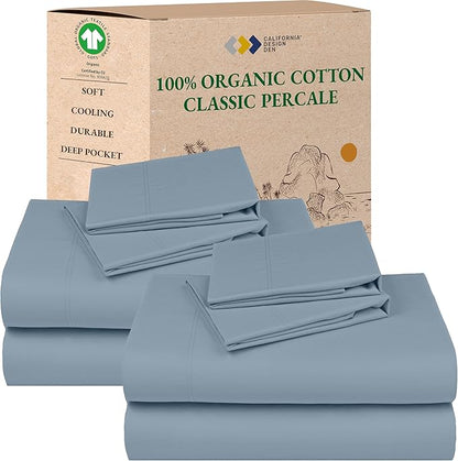 California Design Den 2-Pack King Sheets Deep Pocket Set - 100% Organic Cotton, Crisp Percale, King Size Sheet Sets, Lightweight Bedding - Blue Hydrangea