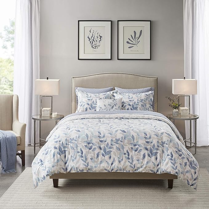 Madison Park Essentials Cozy Bed in a Bag Reversible Comforter with Complete Sheet Set - Modern Botanical Print All Season Cover, Shams, Decorative Pillow, Queen(90"x90"), Blue 8 Piece