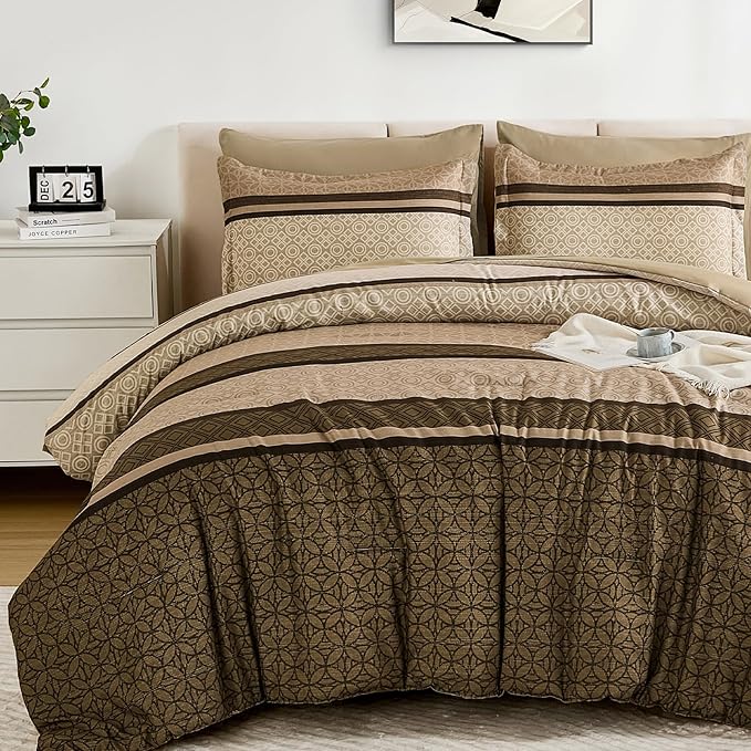 WONGS BEDDING 7 Pieces Comforter Set Queen Size, Brown Striped Bed in a Bag Comforter and Sheet Set, Minimalist Geometric Soft Lightweight Micorfiber Bedding Set for All Season (90"×90")