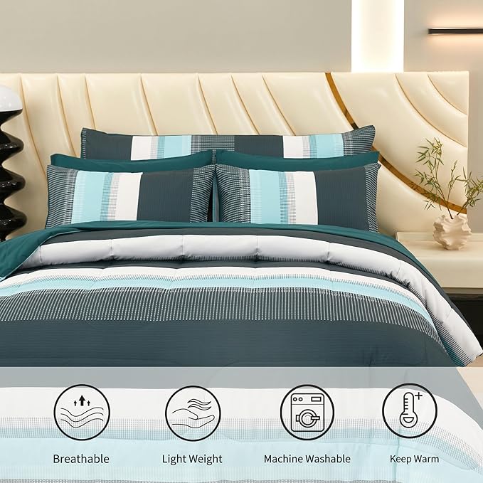 RYNGHIPY Emerald Green Colorblock Bedding Set: 8 Pieces Lightweight Fluffy Comforter Bedding Sets - Soft Microfiber Bed Set for All Seasons (Queen,Emerald Green)
