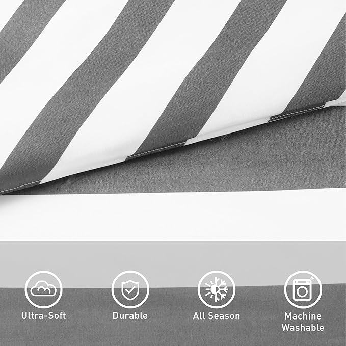 Reversible Striped Queen Comforter Set, Soft Microfiber Bedding Set with Double-Sided Stripes Design, Warm & Cozy for All-Seasons, 3-Piece Comforter and Shams Set Queen Size, Charcoal