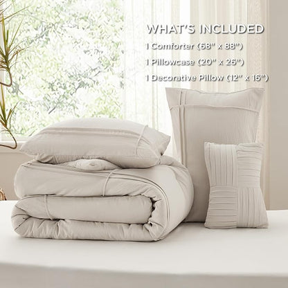 Bedsure Twin Comforter Set - 3 Pieces Grid Pleat Bed Set, Beige Boho Bedding for All Season, 1 Soft Comforter, 1 Pillowcase, 1 Decorative Pillow