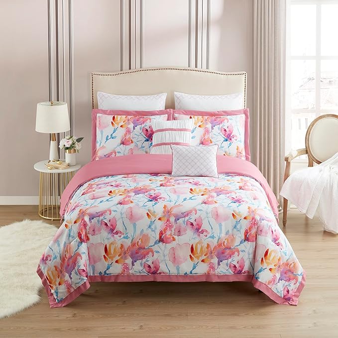King Size Comforter Set 7 Piece Ultra Soft Fashion Printed Bedding Sets with Shams, Decorative Throw Pillows, and Pillowcases, King, Melrose