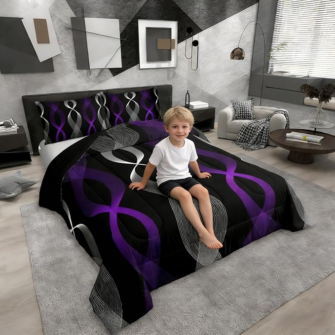 Erosebridal Purple and Black Comforter Set King,Boho Abstract Purple Striped Bedding Set, Modern Aesthetic Line Comforter, Contemporary Gradient Geometric Stripes Quilt for Men Adults Boys Bedroom