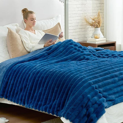 Cozy Bliss Faux Fur Throw Blanket for Couch, Cozy Warm Plush Striped Blanket for Sofa Bedroom Living Room, 90 * 90 Inches Navy Blue