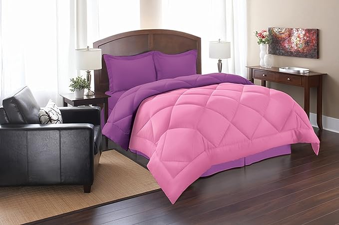 Elegant Comfort All Season Goose Down Alternative Reversible 3-Piece Comforter Set- Available in and Colors, Full/Queen, Pink/Purple