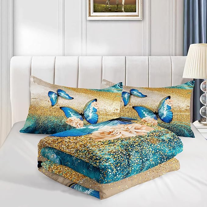 HOSIMA Butterfly Comforter Set with 2 Pillow Sham, Blue Floral Comforter - Queen Size for Kids and Women, Golden Vintage Pattern Bedding Set