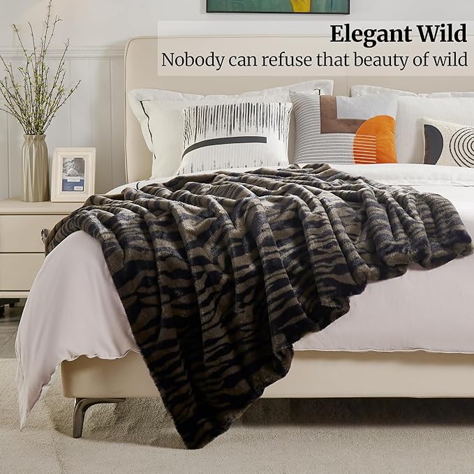 JONIYEAR Soft Fluffy Tiger Print Faux Rabbit Fur Blanket Twin Size 60" x 70",Oversized Luxury Decorative Cozy Shaggy Fuzzy Blankets,Reversible Warm Animal Printed Blanket for Women Winter,Brown Coffee