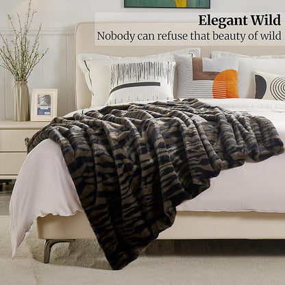 JONIYEAR Soft Fluffy Tiger Print Faux Rabbit Fur Blanket Twin Size 60" x 70",Oversized Luxury Decorative Cozy Shaggy Fuzzy Blankets,Reversible Warm Animal Printed Blanket for Women Winter,Brown Coffee