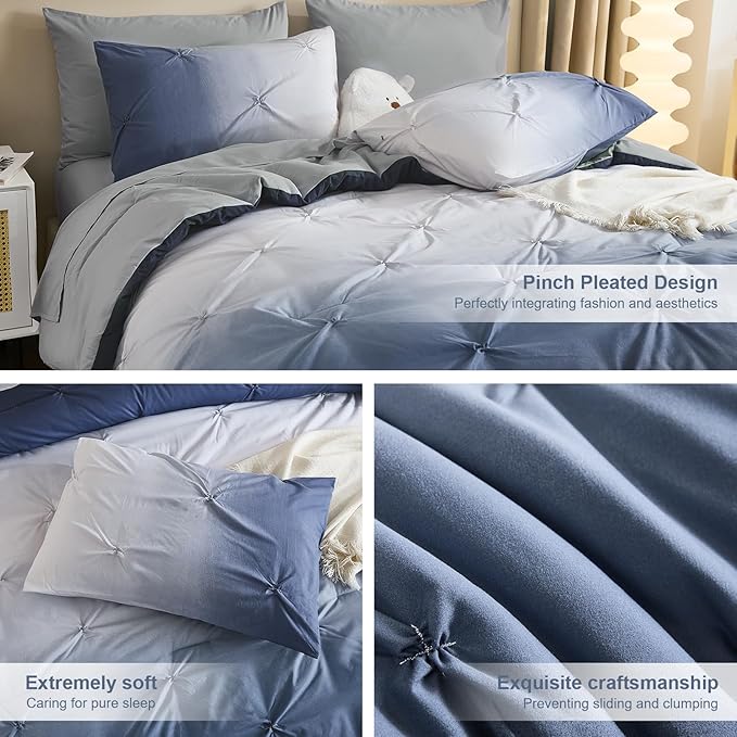 Dinjoy Ombre Comforter Set Twin Size, 5-Piece Bed in a Bag for Kid Teen, Pintuck Colorful Rainbow Bedding Sets with Comforter, Flat Sheet, Fitted Sheet and Pillowcases & Shams, Blue